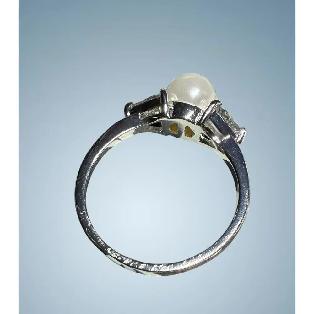 Vintage Faux Pearl CZ Style Ring Silver Tone Bridal Romantic Size 7.75